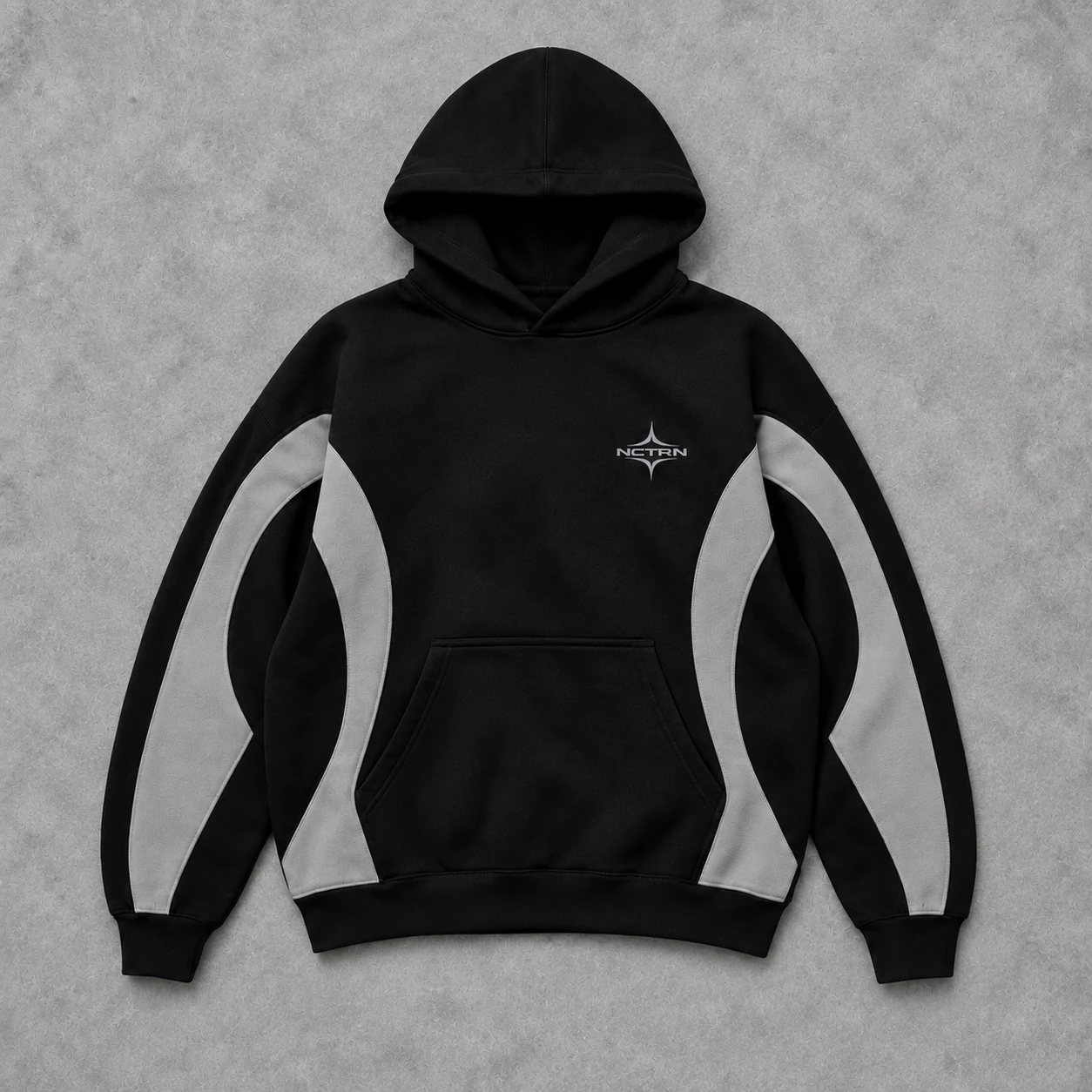 NCTRN Tracksuit Hoodie in Black / Grey, front view (preview mockup)